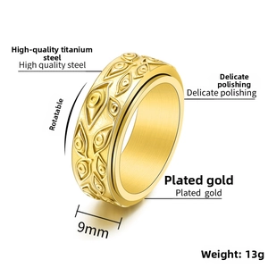 Detailed view of a 9mm gold stainless steel spinner ring with relief eye patterns