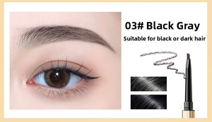Macro detail of dual-head eyebrow pencil in 03 Grey Black for natural matte finish
