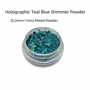Macro detail of laser teal blue glitter powder with 0.2mm and 1mm mixed particles