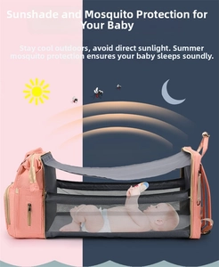 Detail of foldable baby travel crib with breathable sunshade and mosquito net in pink