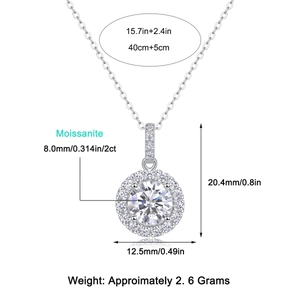 Moissanite necklace specifications with dimensions showing a 2ct pendant on a silver chain
