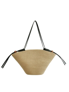 Chic beige woven cotton rope tote bag with black slim straps and wooden bead details