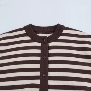 Women's crewneck knitted cardigan with brown and beige horizontal stripes and buttons