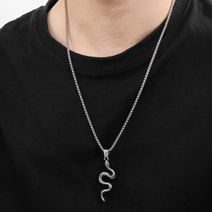 Detail shot of a silver vintage snake pendant on a box chain worn over a black shirt