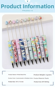 Detail view of 10 printed beaded pens featuring floral and leopard patterns for DIY crafts