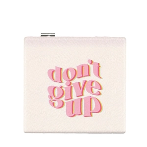 Portable beige PU leather makeup mirror with 'Don't Give Up' print and metal zipper