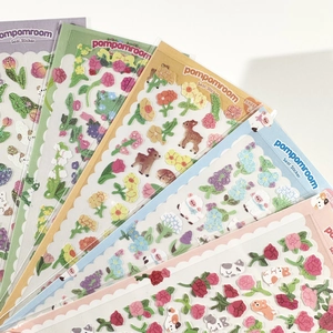 Cute holographic animal and flower seal stickers featuring cats, dogs and lambs