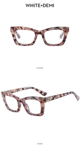 Front and side views of large square blue light glasses in white and demi marble pattern