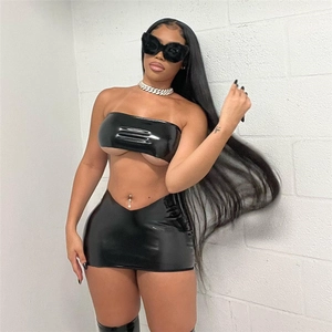 Haut Tube Sexy En Cuir PU Brillant Et Mini Jupe Moulante Tenues De Soirée Streetwear Femmes