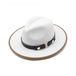Classic white wool felt fedora hat with brown brim binding and black decorative leather band
