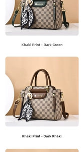 Detail of checkered handbags in green and khaki with leopard print scarves and metal logos