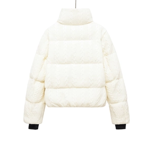 Women's cream white puffer jacket featuring knit texture and protective stand collar