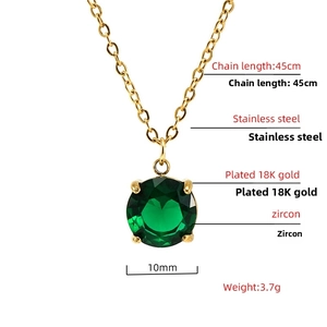 Detail of 10mm green round zircon pendant on 18K gold plated stainless steel chain