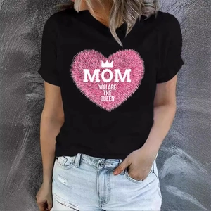 Women Cotton T-Shirt Short Sleeve Round Neck Loose Casual Mother Day Gift Mom Letter Heart Print Top