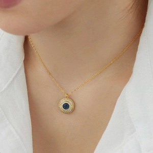 S925 sterling silver evil eye necklace for women featuring blue zircon inlay pendant