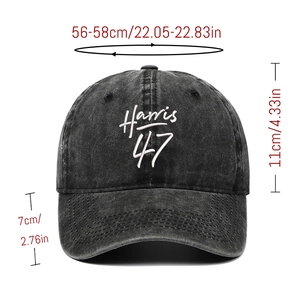 Detail view of washed denim baseball cap with Harris 47 embroidery and size measurements