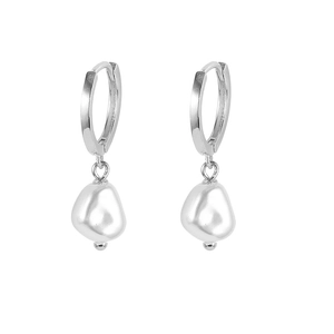 Detail of S925 silver hoop earrings with irregular baroque pearls on white background