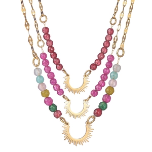 Three-layer gold stainless steel necklace with sun pendants and colorful beads