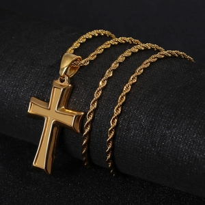 Minimalist gold stainless steel cross pendant necklace with a twisted rope chain design