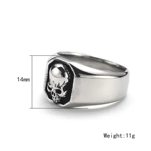 Men's punk hip-hop skull ring in matte silver stainless steel with 3D relief