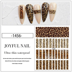 Detail of ultra-thin waterproof leopard print nail stickers with 3D gold stripe accents