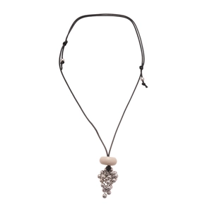 Vintage wax cord necklace featuring a resin ring and silver grape-shaped cluster pendant