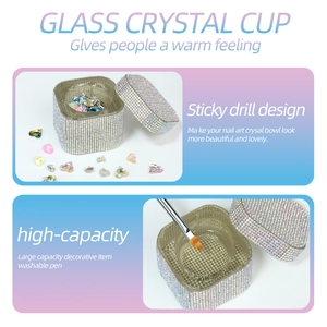 Square glass nail art crystal cup with sparkling rhinestones and matching lid