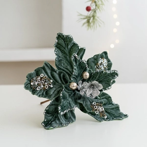Dark green velvet Poinsettia Christmas flower with silver sequins and golden berries
