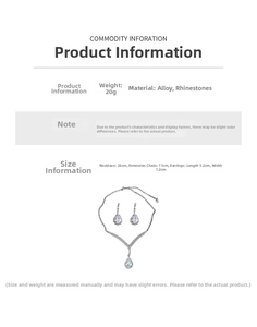 Infographic showing alloy rhinestone necklace dimensions and weights for jewelry set