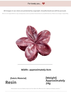 Detailed view of 8cm burgundy resin flower hair claw clip with white marble texture details