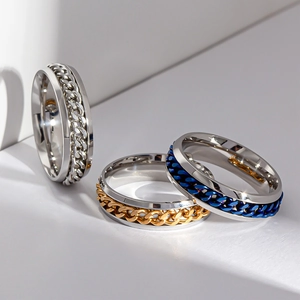 6mm stainless steel spinner rings with rotating cuban chains in silver gold and blue
