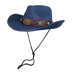 Chapeau de cow-boy bleu en paille avec bande en cuir et boucle étoile et mentonnière