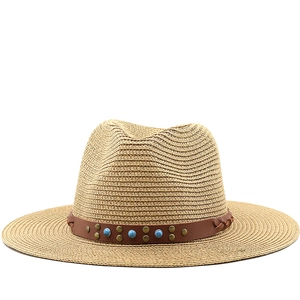 Straw Woven Fedora Hat Sun Protection Beach Travel Bohemian Retro Style With Leather Band Turquoise Rivets For Men Women