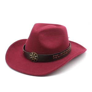 Western style burgundy wool cowboy hat with studded leather band and vintage metal buckle