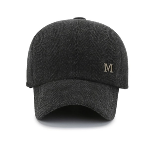 Men's wool blend winter baseball cap with ear flaps and herringbone pattern and metal M logo