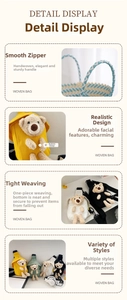 Detail view of woven bag with plush bear charm and smooth zipper on canvas chest bag