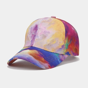 Detailed close-up of a colorful abstract oil painting print on a baseball cap fabric