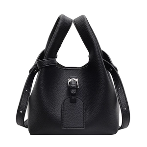 Classic black bucket bag in lychee pattern leather with metal buckle and dual handles