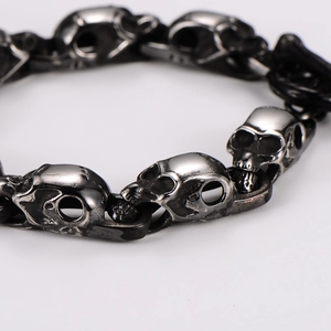 Antique silver skull bracelet with punk gothic style and cool OT buckle closure