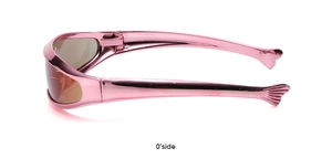 Side view of pink Y2K futuristic wrap sunglasses with unique fishtail temple tips