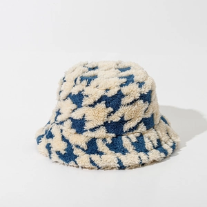 Blue and white houndstooth plush bucket hat for women and men in a warm winter style