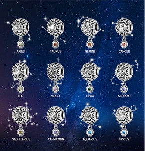 Detailed set of 12 zodiac charms in 925 sterling silver with colorful gemstones