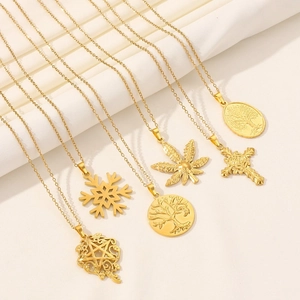 Minimalist gold stainless steel necklaces collection with tree and snowflake pendants