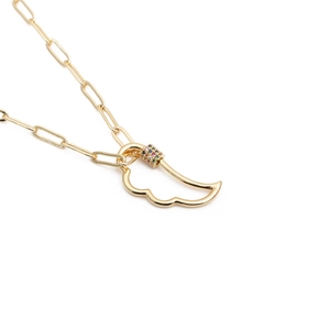Gold paperclip chain necklace with hollow wing pendant and colorful zircon stones