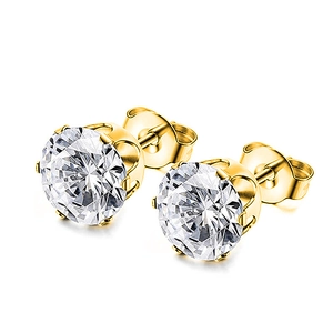 Classic gold stainless steel stud earrings with round-cut sparkling clear cubic zirconia