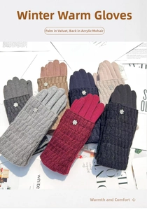 Close-up of knit gloves with rhinestone flower decor and velvet lining in various colors
