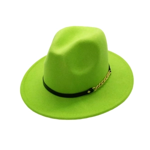 Detail of neon green wool fedora hat featuring black leather band and gold metal chain