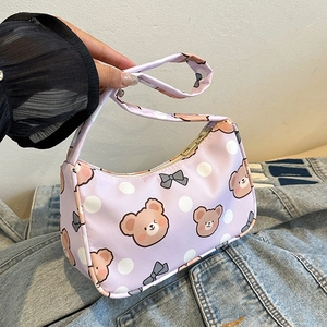Purple nylon handbag with cute cartoon bear and white polka dots for women