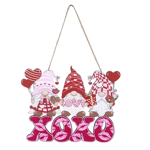 Pendentif de gnome de la Saint-Valentin en bois rose avec lettres LOVE et base XOXO