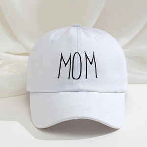 Detail of MOM letter embroidery on a white cotton canvas baseball cap with 6-panel structure